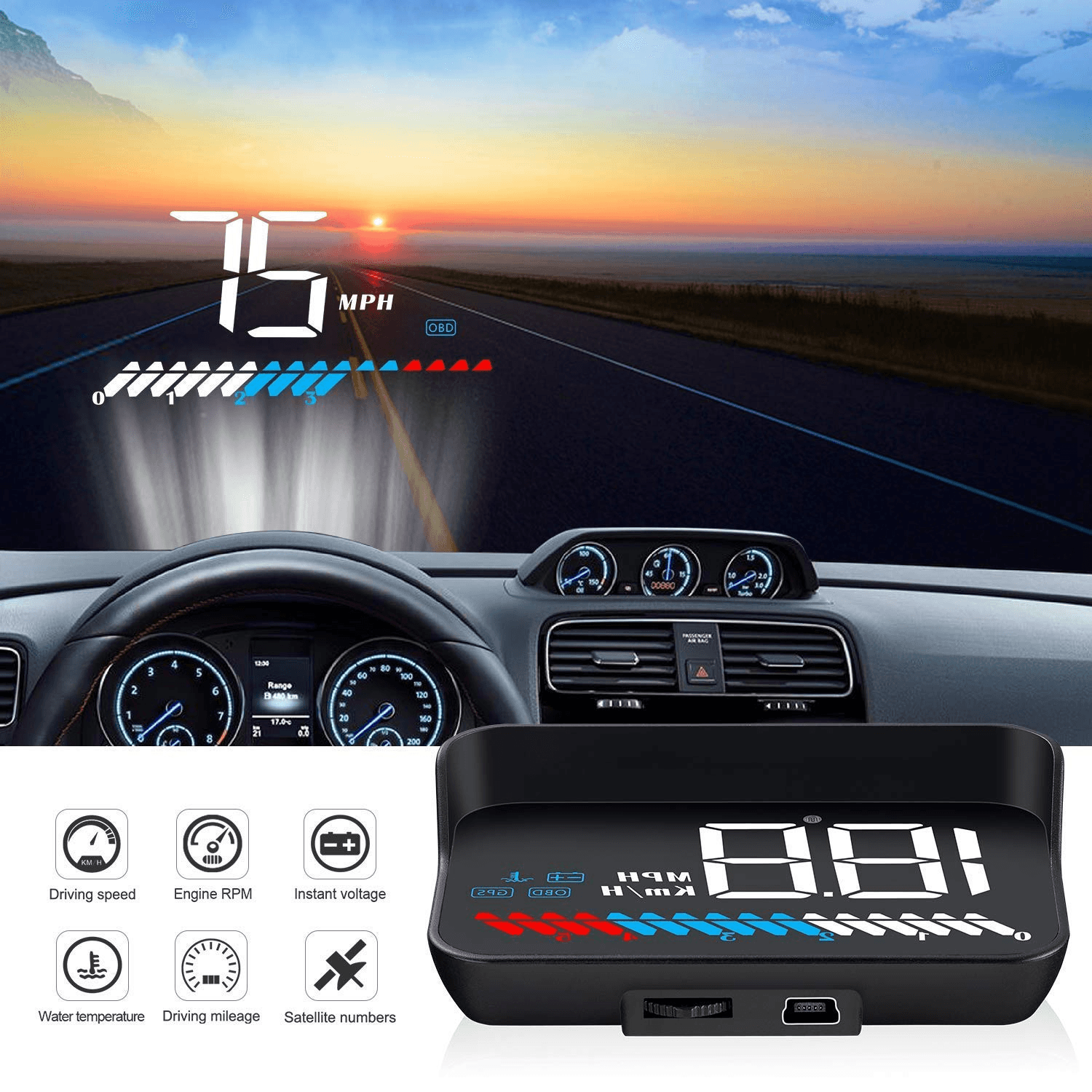 Universal 3.5″ Head-Up Display (HUD) – OBD2 & GPS Speedometer